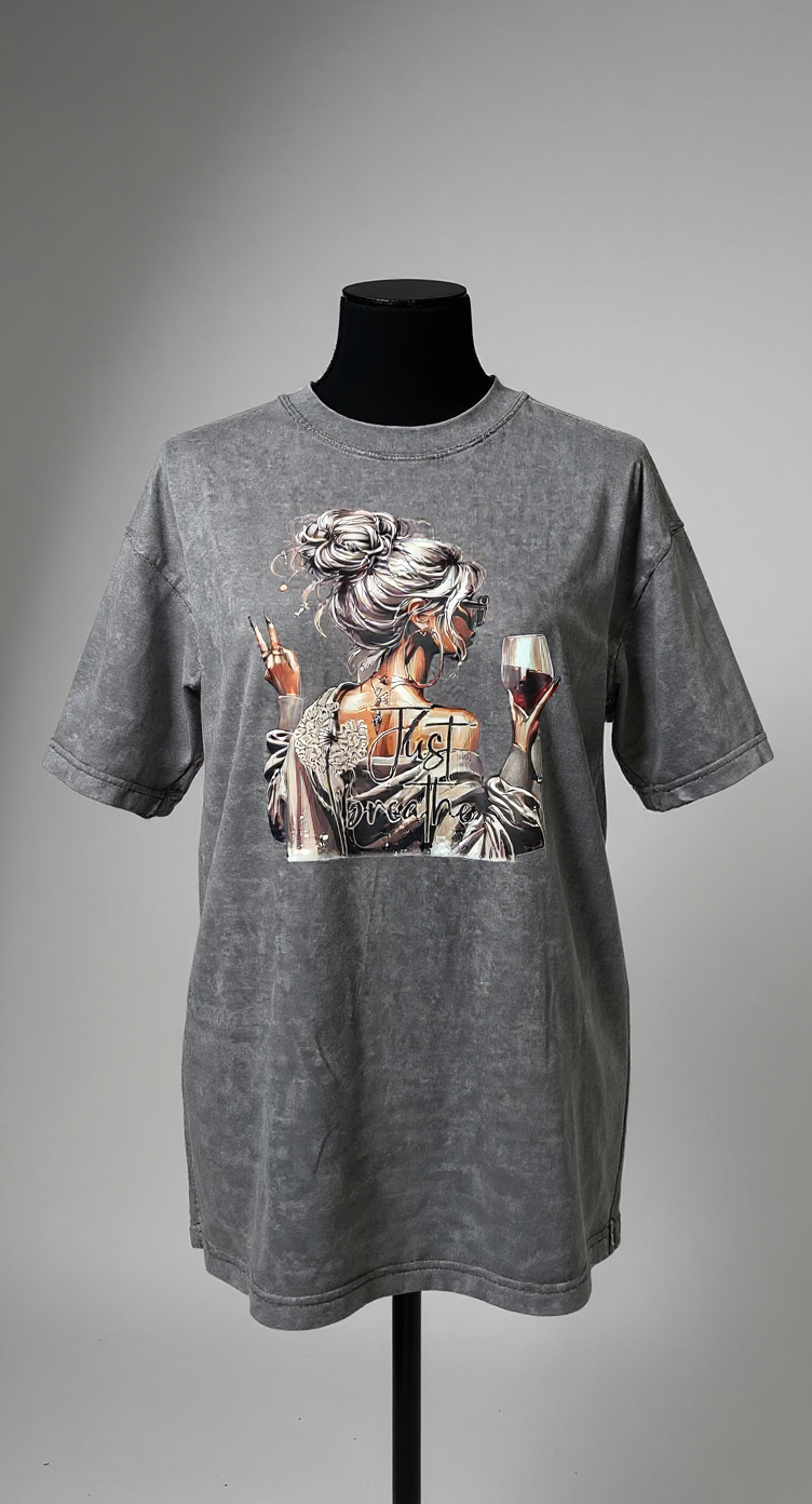 "Just Breathe Graphic Tee – Relaxed Fit with Peace Sign & Wine Glass Design"Women's washed vintage Oversized T-shirt Casual