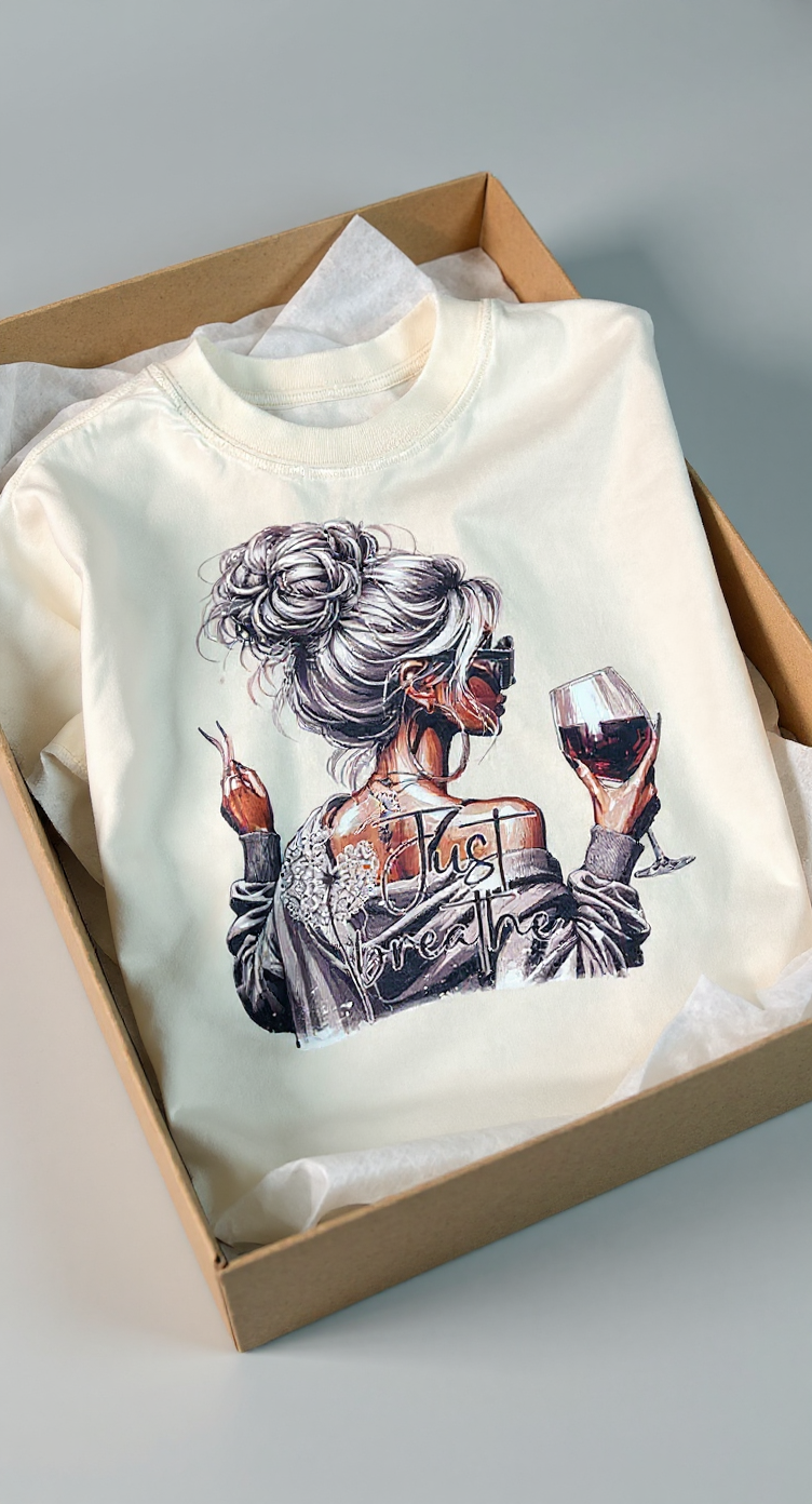 "Just Breathe Graphic Tee – Relaxed Fit with Peace Sign & Wine Glass Design"Women's washed vintage Oversized T-shirt Casual
