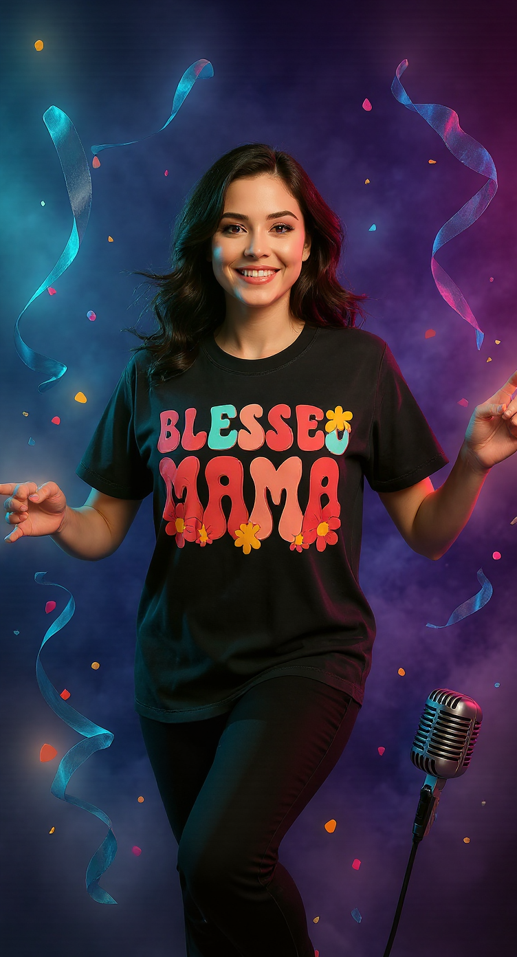 Blessed Mama Retro Graphic Tee | Groovy Floral Christian Mom Shirt | Vintage Style Faith Shirt