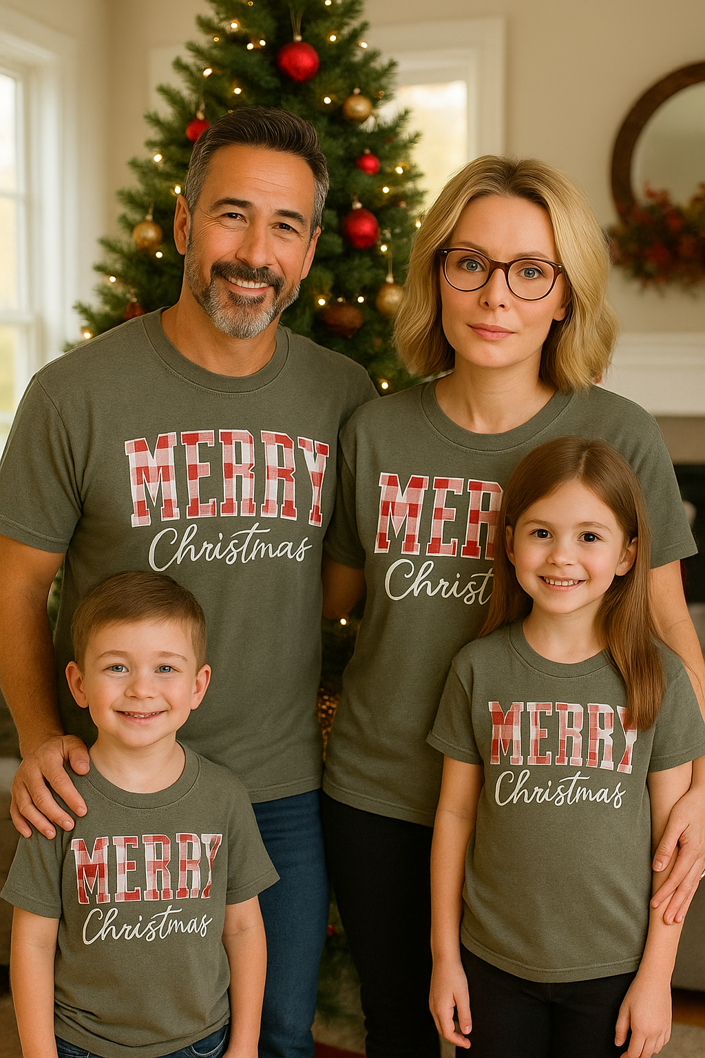 Merry Christmas Family Shirts – Matching Holiday Tees, Plaid Letter Design, Cozy Festive Outfits for Family Photos