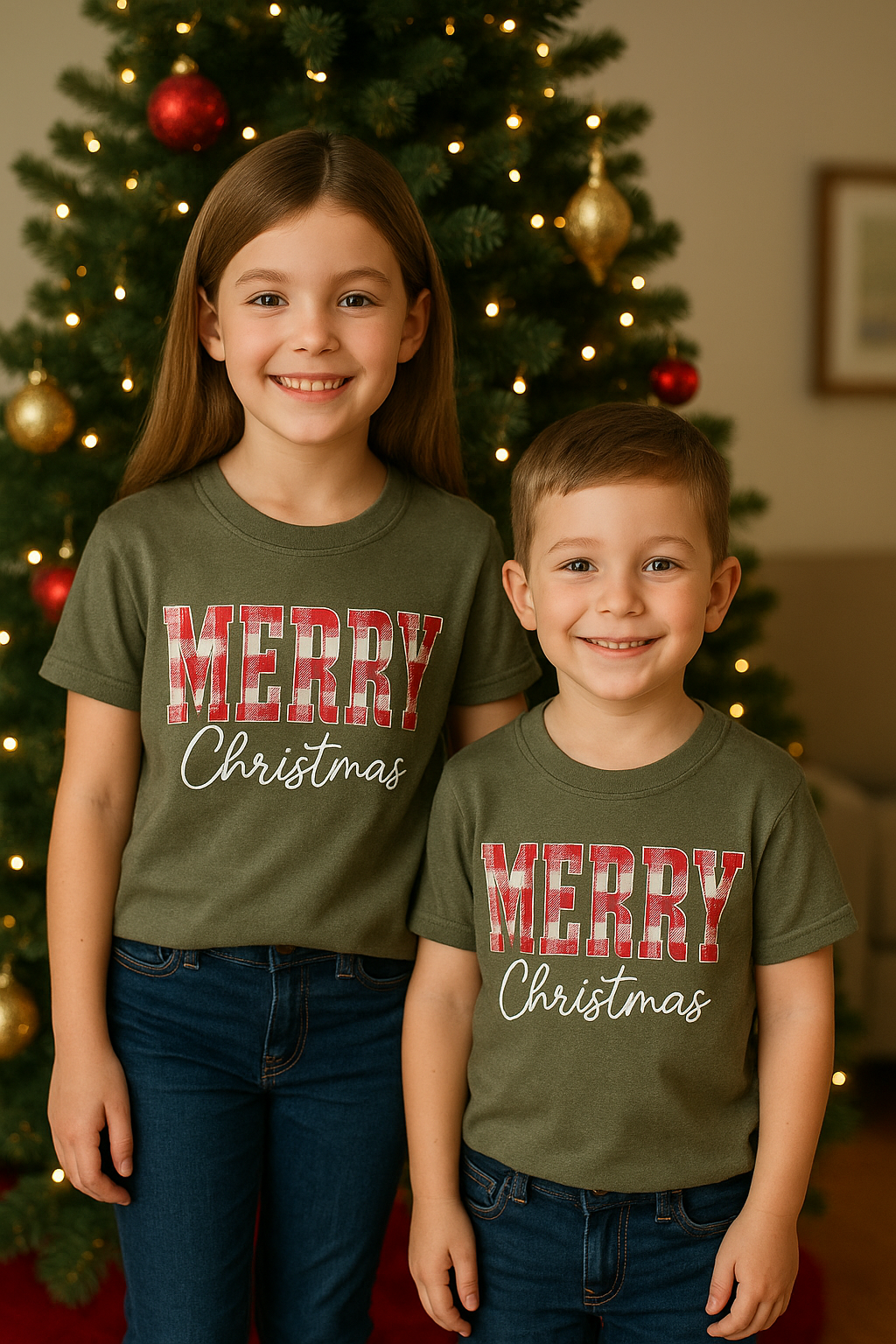 Merry Christmas Family Shirts – Matching Holiday Tees, Plaid Letter Design, Cozy Festive Outfits for Family Photos