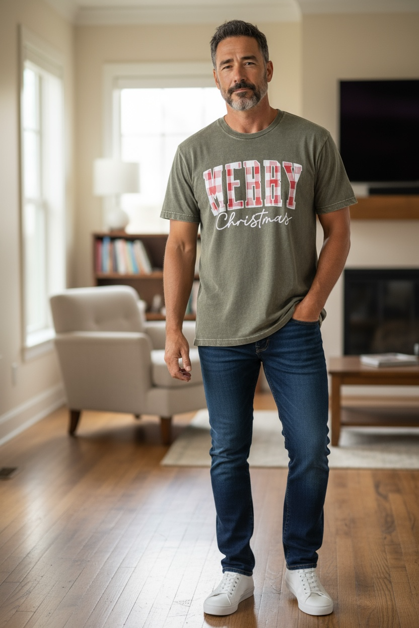 Merry Christmas Family Shirts – Matching Holiday Tees, Plaid Letter Design, Cozy Festive Outfits for Family Photos