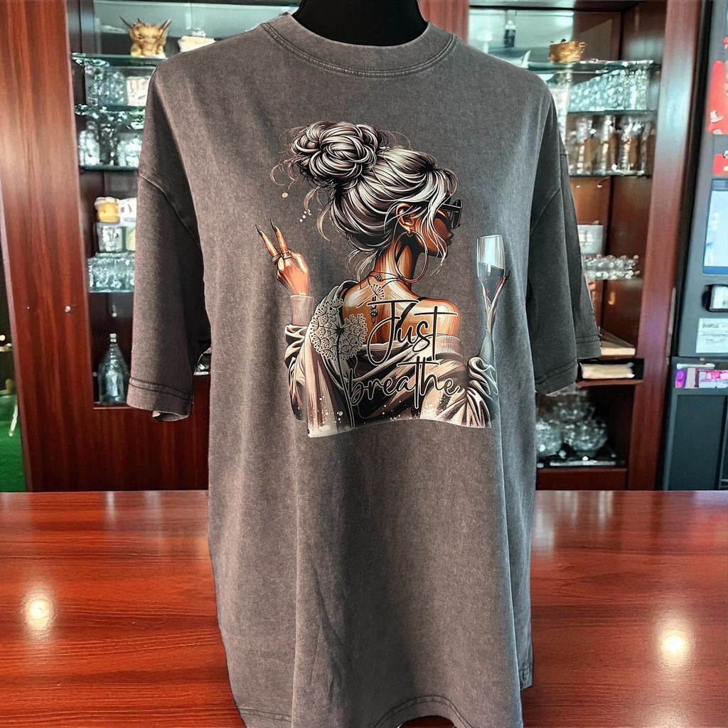 "Just Breathe Graphic Tee – Relaxed Fit with Peace Sign & Wine Glass Design"Women's washed vintage Oversized T-shirt Casual
