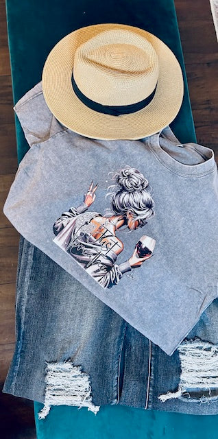 "Just Breathe Graphic Tee – Relaxed Fit with Peace Sign & Wine Glass Design"Women's washed vintage Oversized T-shirt Casual