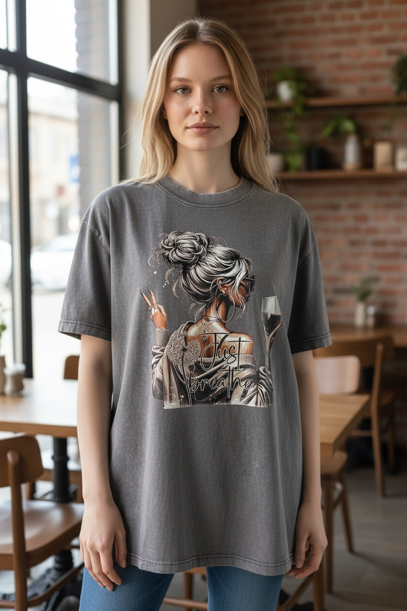"Just Breathe Graphic Tee – Relaxed Fit with Peace Sign & Wine Glass Design"Women's washed vintage Oversized T-shirt Casual