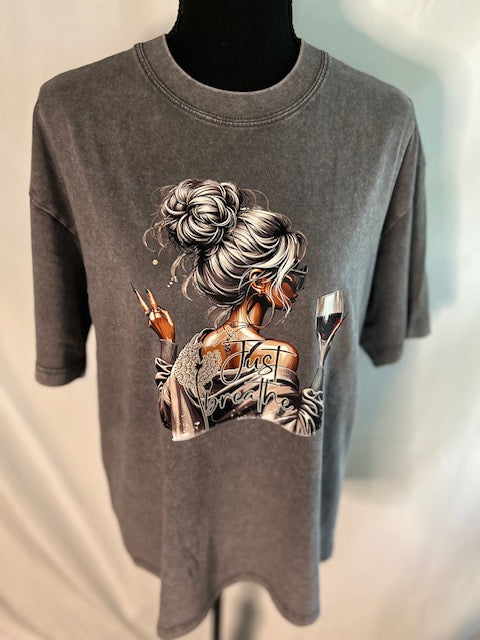 "Just Breathe Graphic Tee – Relaxed Fit with Peace Sign & Wine Glass Design"Women's washed vintage Oversized T-shirt Casual