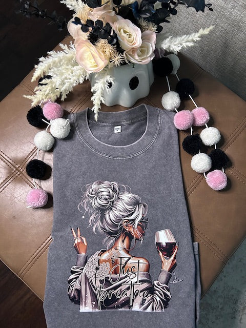 "Just Breathe Graphic Tee – Relaxed Fit with Peace Sign & Wine Glass Design"Women's washed vintage Oversized T-shirt Casual