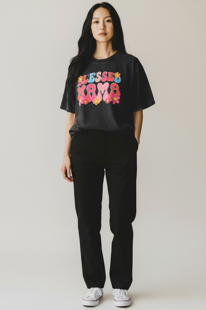 Blessed Mama Retro Graphic Tee | Groovy Floral Christian Mom Shirt | Vintage Style Faith Shirt