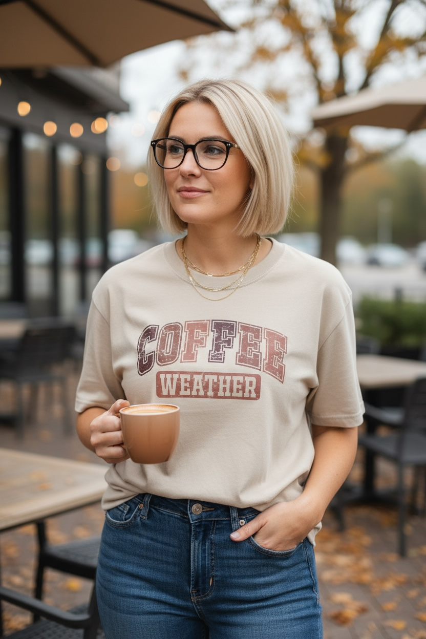Coffee Weather Shirt – Cozy Fall Graphic Tee for Coffee Lovers, Autumn Vibes T-Shirt, Cute Neutral Outfit for Fall Days