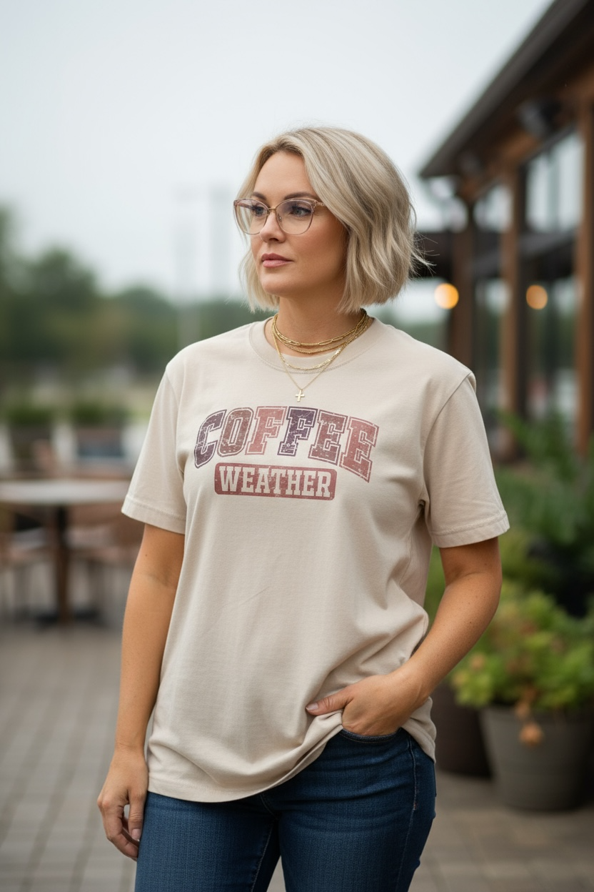 Coffee Weather Shirt – Cozy Fall Graphic Tee for Coffee Lovers, Autumn Vibes T-Shirt, Cute Neutral Outfit for Fall Days