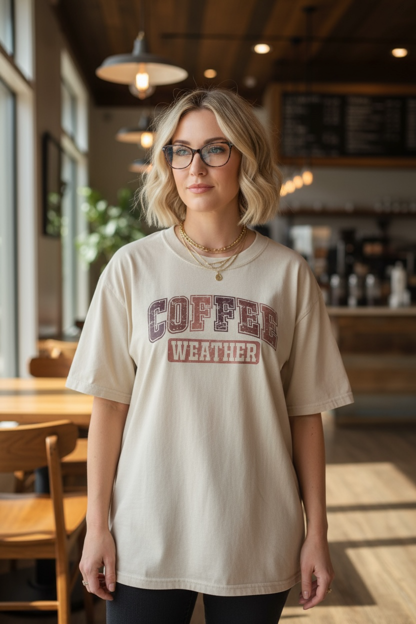 Coffee Weather Shirt – Cozy Fall Graphic Tee for Coffee Lovers, Autumn Vibes T-Shirt, Cute Neutral Outfit for Fall Days