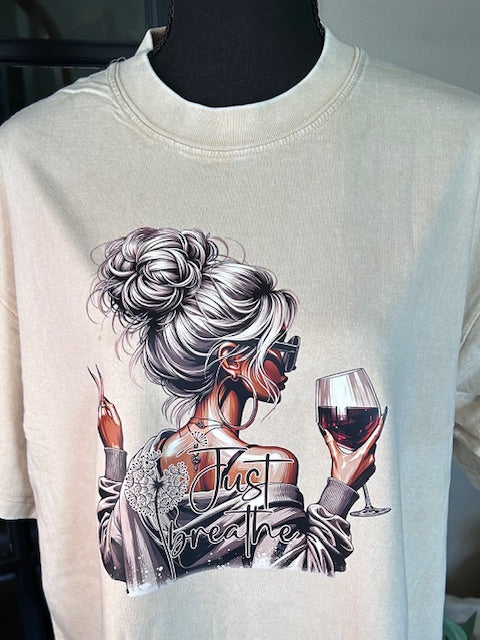 "Just Breathe Graphic Tee – Relaxed Fit with Peace Sign & Wine Glass Design"Women's washed vintage Oversized T-shirt Casual